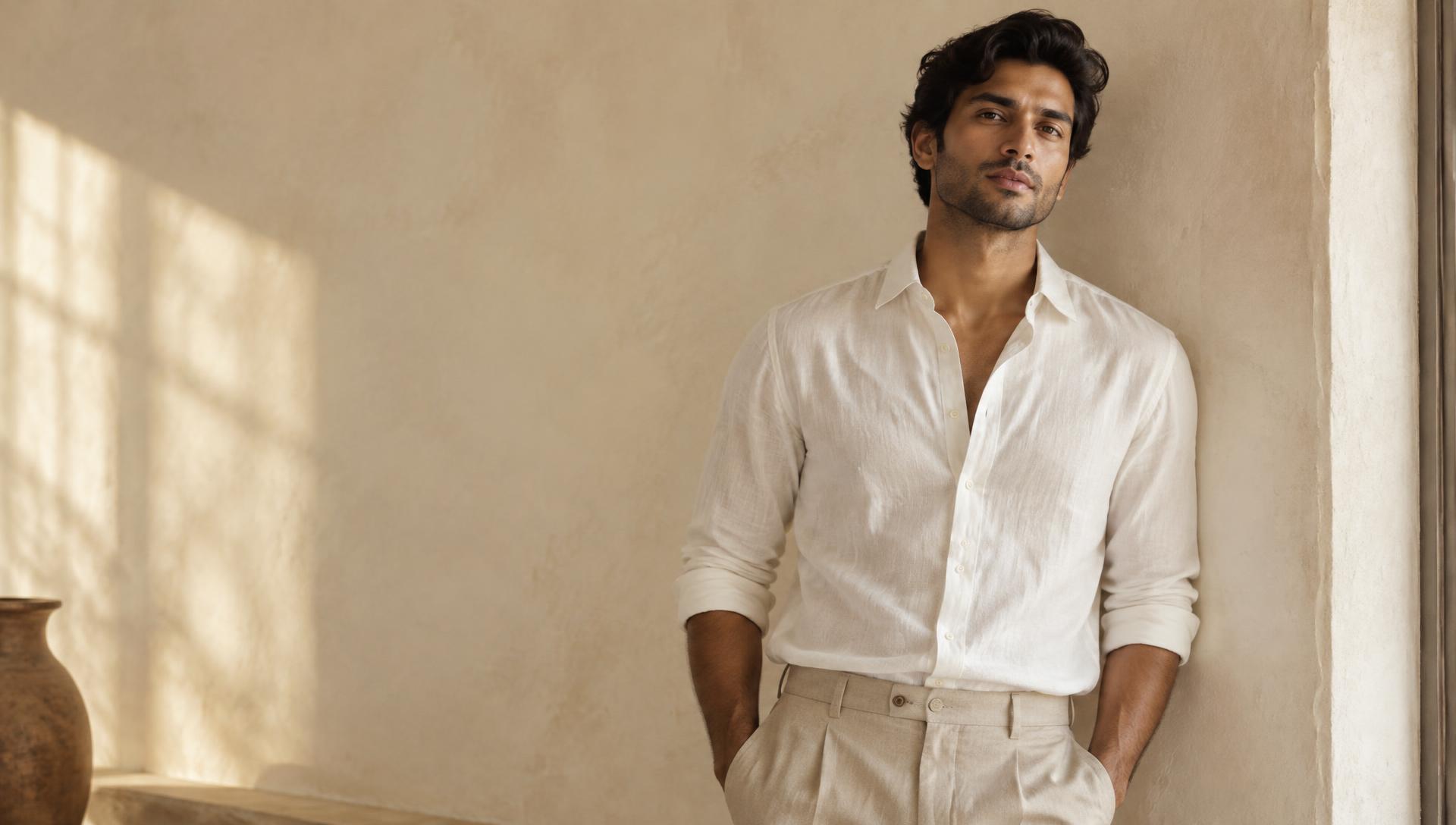 Man in an ivory linen shirt against a warm plaster wall
